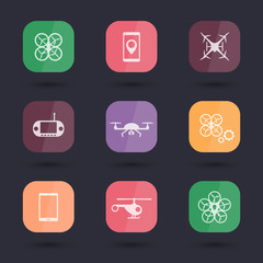 Drones, white flat icons on rounded squares, vector illustration