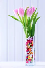Aluminium Prints Sweets Beautiful pink tulips with sweets in vase