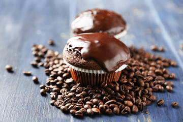 Composition with tasty homemade chocolate muffins and coffee