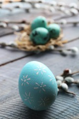 Bird colorful eggs in nest and pussy willow branches