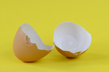 Broken and cracked egg shell on background