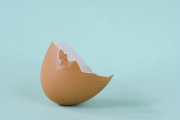 Broken and cracked egg shell on background