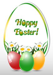 Greeting card for Easter with eggs and spring camomiles