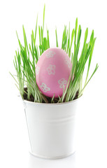 Fresh green grass in small metal bucket and Easter egg,