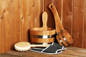 Natural accessories in sauna © Africa Studio