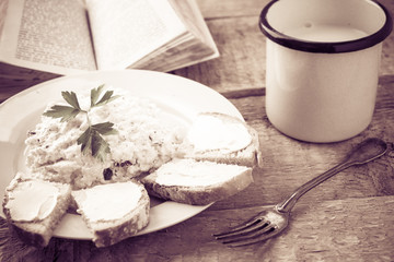 Delicious breakfast book kitchen table vintage