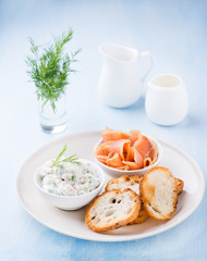 Soft cheese spread, smoked wild salmon and baguette