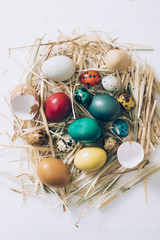 Fototapeta na wymiar Easter colorful eggs in the nest from above
