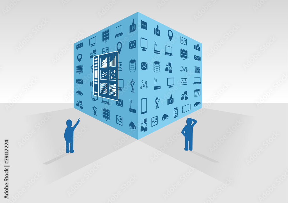 Poster wo persons looking at big data cube and dashboard