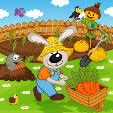 rabbit gardener with carrot - vector illustration, eps