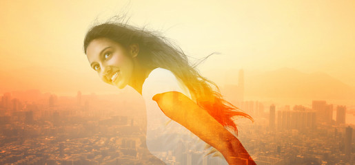 Woman and Cityscape in Double Exposure Effect