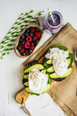 Healthy sandwich with avocado and poached eggs