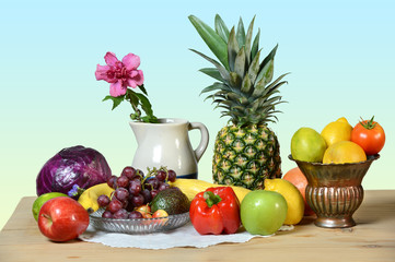 Fruits and Vegetables on Wooden Table