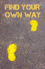 Yellow footsteps on sidewalk towards Find your own way message