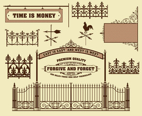 Vector set: wrought iron wicket, fence and gates grilles isolate - obrazy, fototapety, plakaty