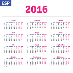 Spanish calendar 2016, horizontal calendar grid, vector