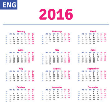 English calendar 2016, horizontal calendar grid, vector