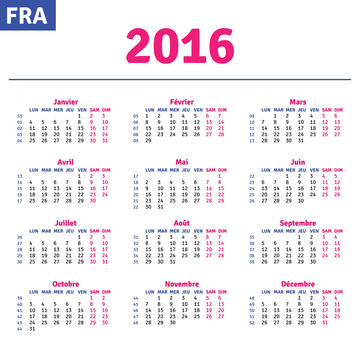 French calendar 2016, horizontal calendar grid, vector