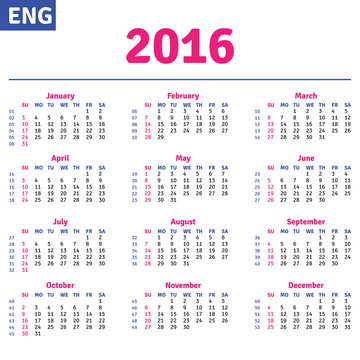 English calendar 2016, horizontal calendar grid, vector