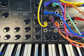 Analog synthesizer with patch cords - obrazy, fototapety, plakaty
