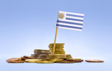Flag of Uruguay in a stack of coins.(series)