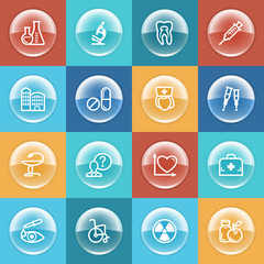 Medicine icons with buttons on color background.