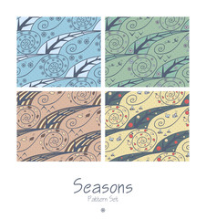 Set of seamless patterns with four seasons. Abstract design. Illustration with natural phenomena, plants and insects. Can be used for pattern fills, wallpapers, web page, surface textures