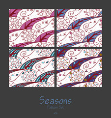 Set of seamless patterns with four seasons. Abstract design. Illustration with natural phenomena, plants and insects. Can be used for pattern fills, wallpapers, web page, surface textures