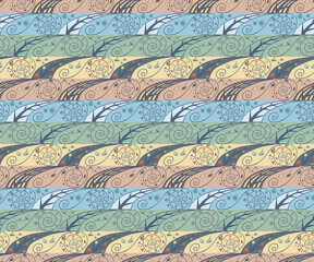 Seamless pattern with four seasons. Abstract design. Illustration with four seasons, plants and insects. Can be used for pattern fills, wallpapers, web page, surface textures