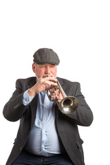 A man playing a vintage silver cornet, trumpet