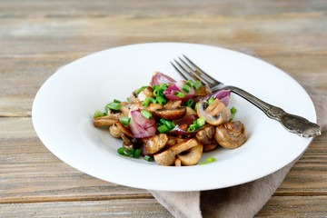 Mushrooms with green onions on a plate