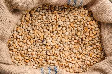 Raw Green coffee beans in sack