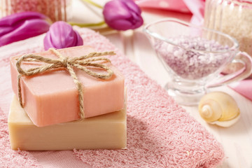 Fototapeta na wymiar Two bars of natural handmade soap