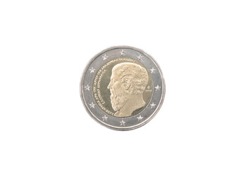 Commemorative 2 euro coin of Greece minted in 2013 over white