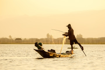 Fishermen in Inle lakes sunset, Myanmar.