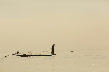 Fishermen in Inle lakes sunset, Myanmar.