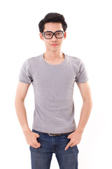 Obraz premium smart nerd hipster man looking at you, white isolated background