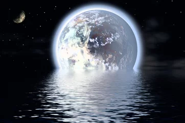 Tableaux ronds sur aluminium brossé Pleine Lune arbre planètes au-dessus de l& 39 eau