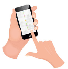 Hand holding smart phone on red background.