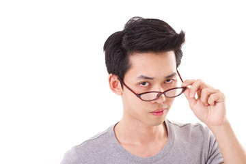 confident genius nerd man looking at you, hand holding eyeglasse