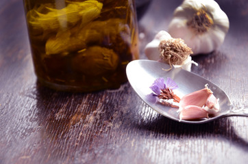 Vintage style picture with garlic, spices and herbs