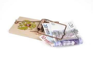 Russian mouse trap with Euro and Pound bills isolated over white