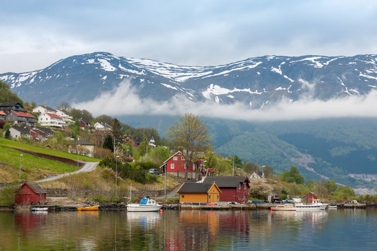 Landscape with mountains.  village in Norwegian fjords