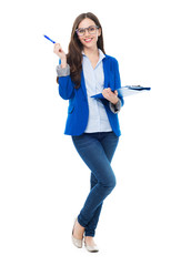 Female student holding pen and clipboard