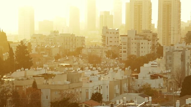 Tel Aviv Skyline At Sunset Tilt Up