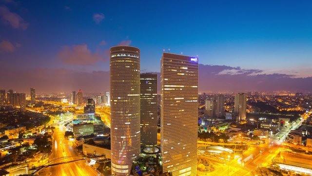 Tel Aviv Skyline-  From Night To Day Time Lapse - Tilt Down