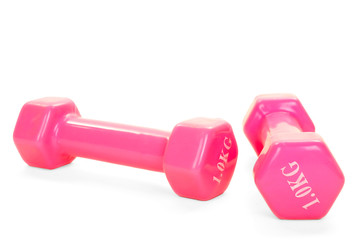 Two pink glossy dumbbell isolated on white