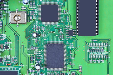 Printed computer motherboard with microcircuit, close up