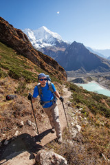 Hiker on the trek in Himalayas, Manaslu region, Nepal