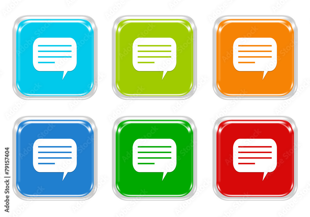 Poster set of squared colorful buttons with conversation symbol